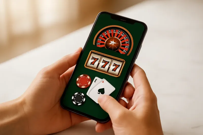 Close-up hands holding smartphone with casino app on marble surface