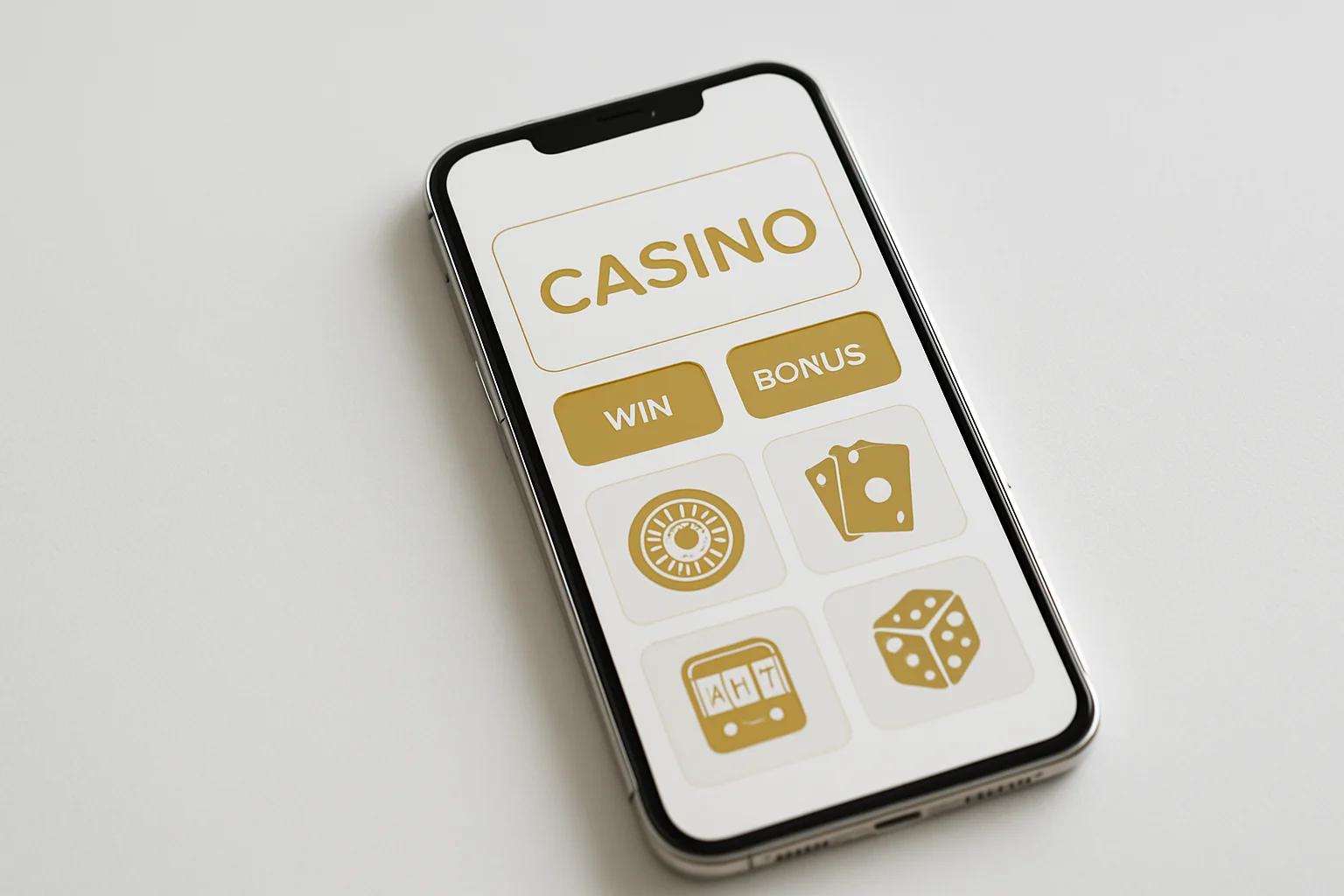 Modern smartphone displaying sleek casino app games and bonuses on white background
