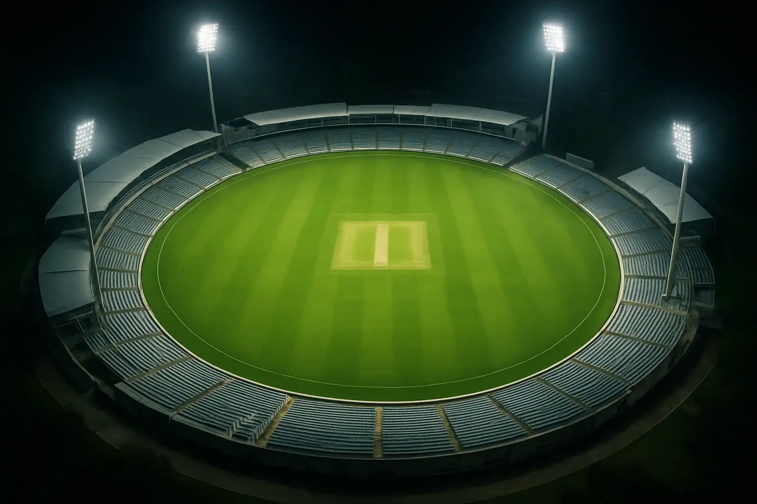Aerial night view of cricket stadium with floodlights and vibrant green pitch