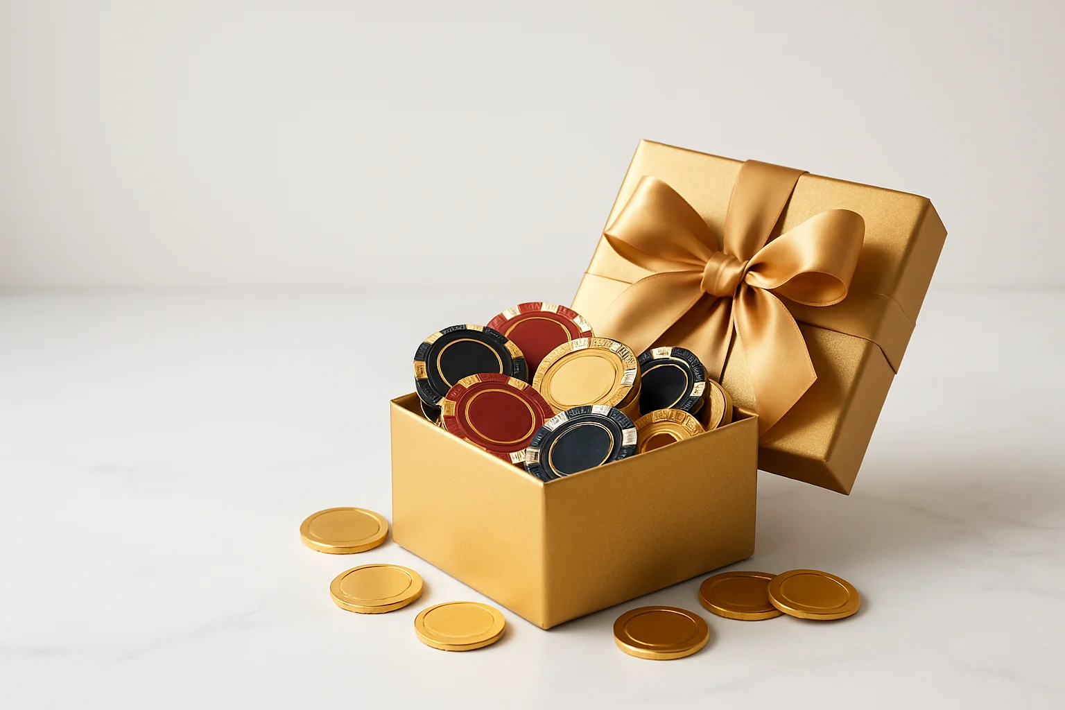 Golden gift box overflowing with poker chips and gold coins