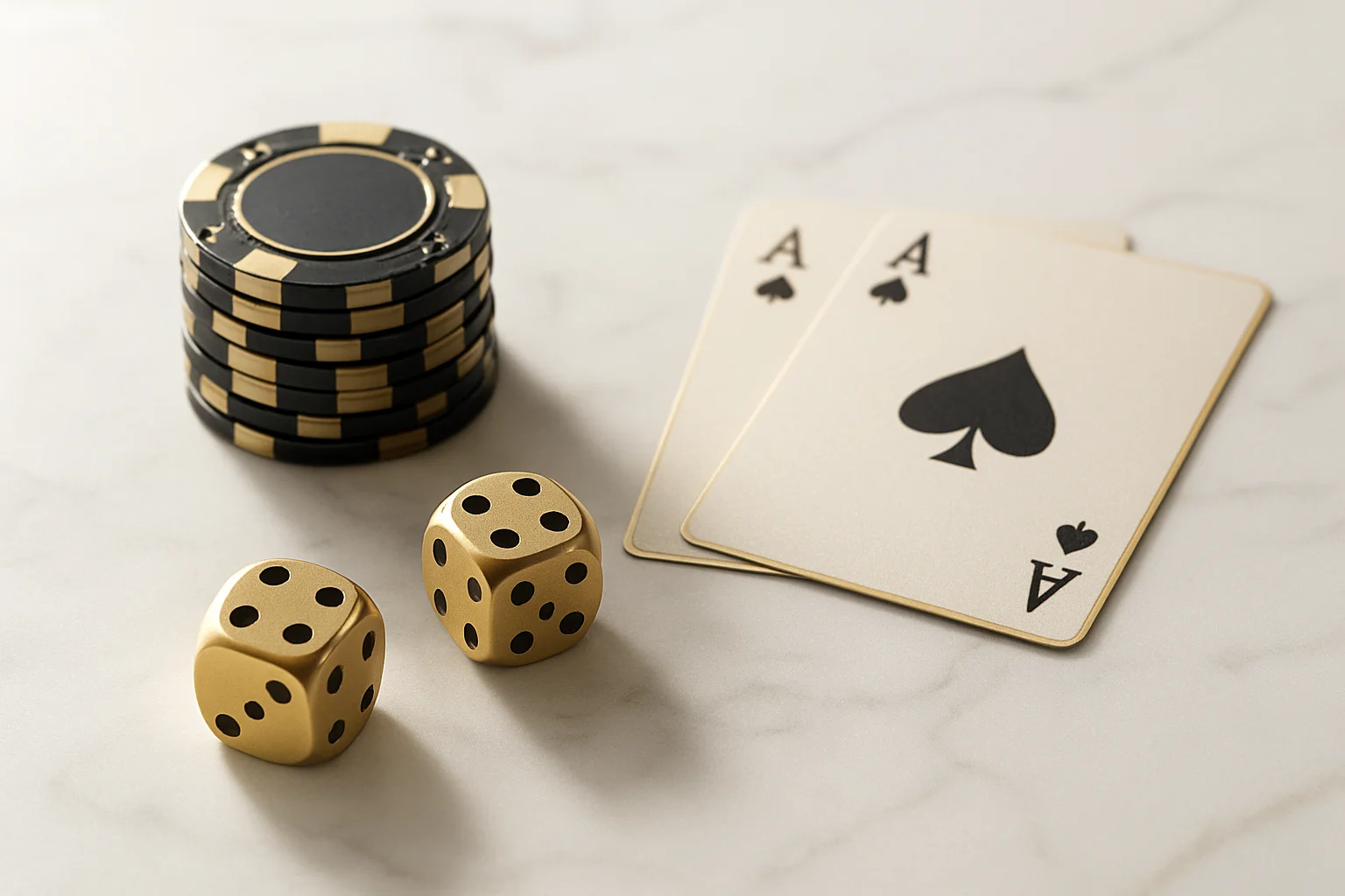 Elegant casino chips, cards, and dice on white marble with gold accents