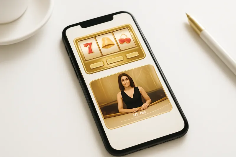 Mobile phone displaying casino app with slots and live games