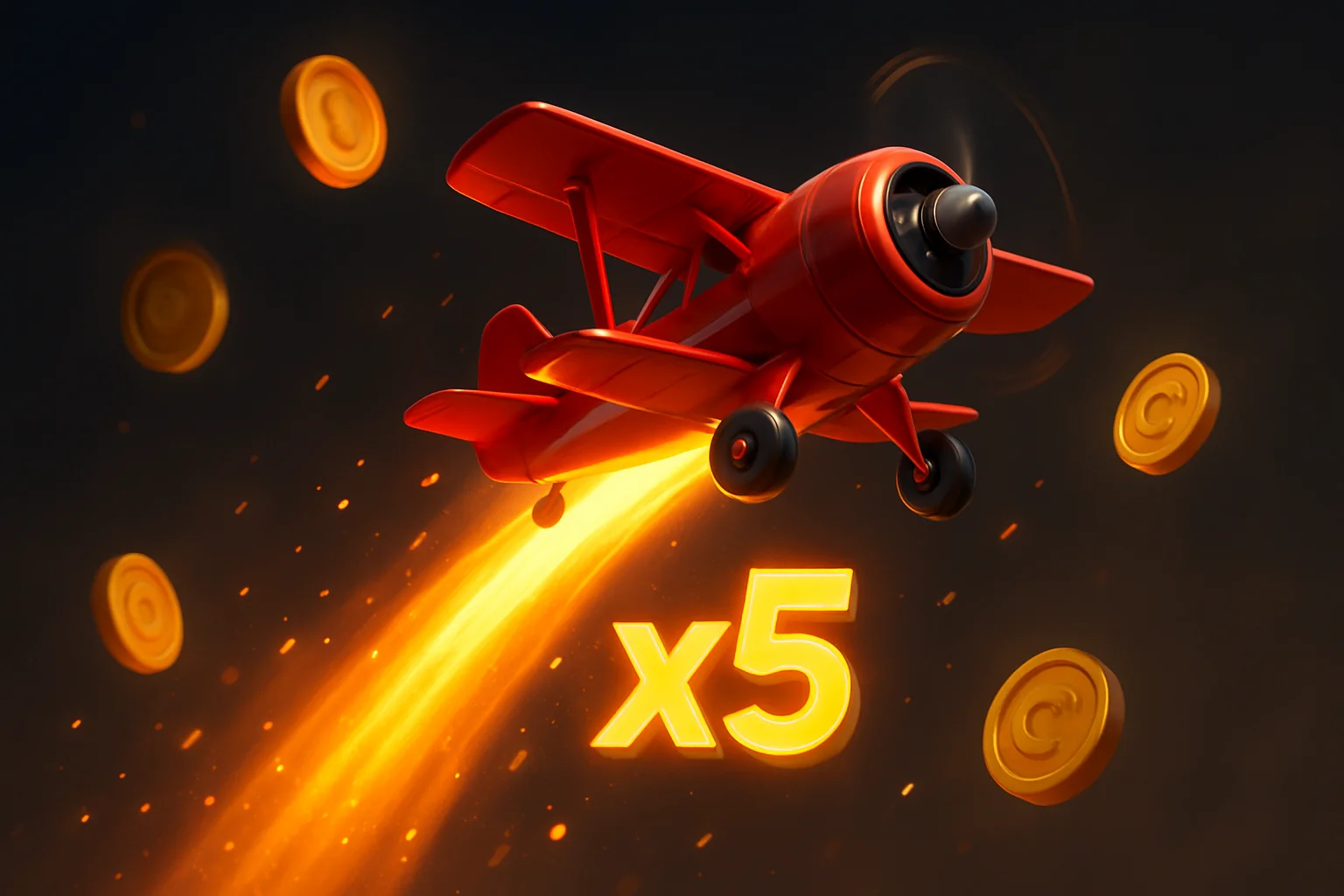 Small red airplane climbing with glowing multiplier trail, coins, and sparks