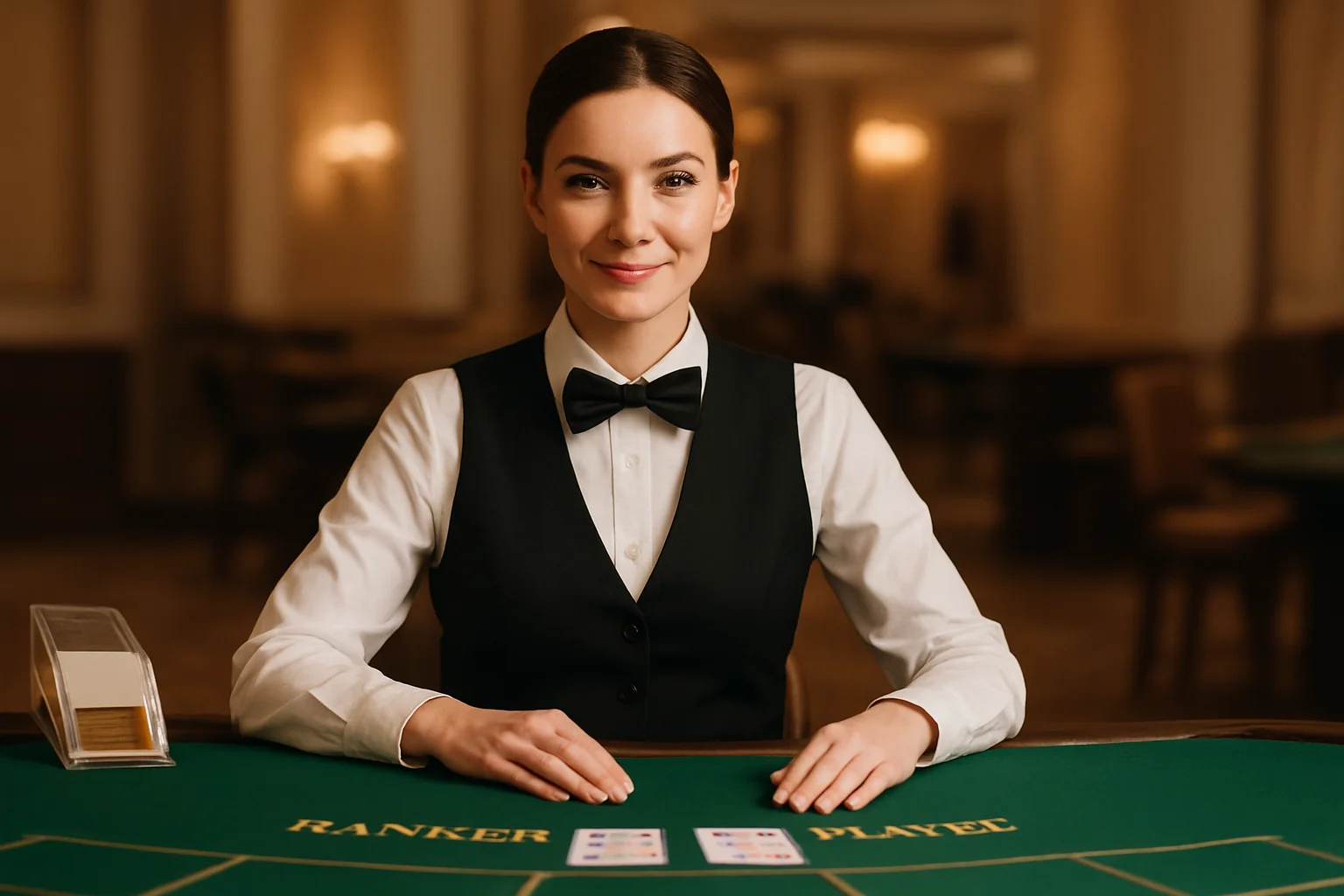 Professional female dealer at elegant live baccarat table in casino