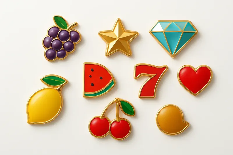 Assorted casino slot icons with fruit, diamonds, lucky sevens, stars